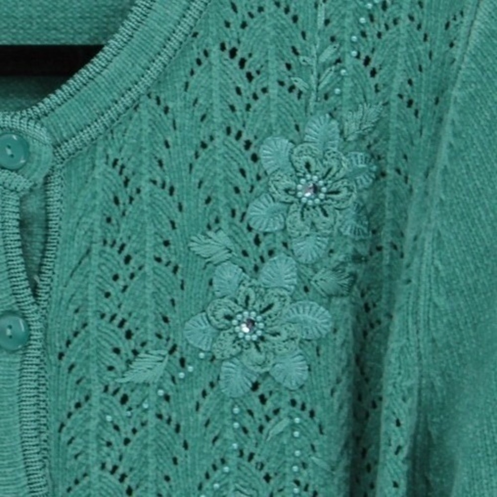 Jenny $68 Medium Retro Teal Pointelle Knit Floral Embellished Button Cardigan‎ - Picture 7 of 13